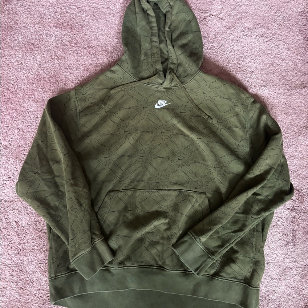 Nike Mens Sportswear Club Fleece Hoodie Olive Green All Over Swoosh Print XXL